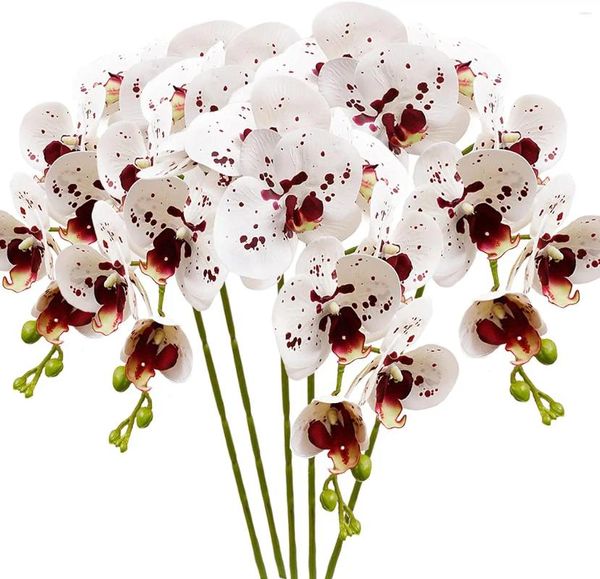 Flores decorativas 5 uds orquídea artificial blanca con manchas Phalaenopsis plantas de tallo de 28 pulgadas para decoración de boda en casa