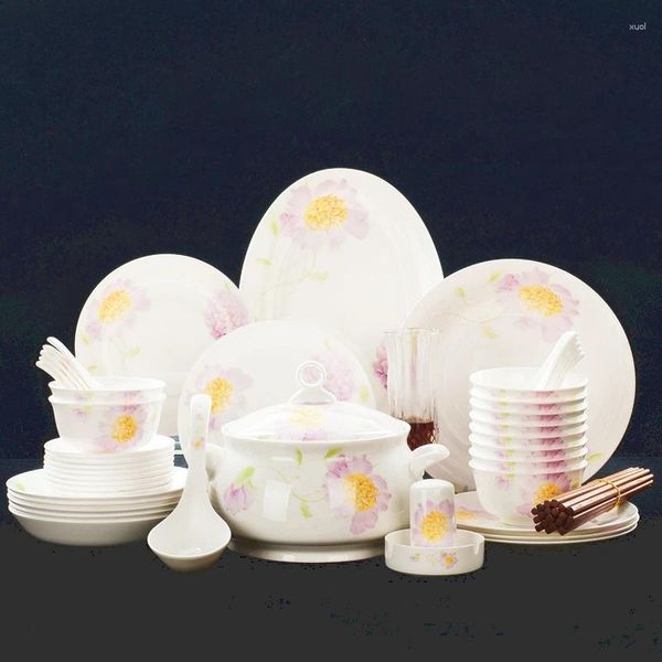 Conjuntos de louça 46 pcs osso real china serviço de mesa completo talheres sun-flower porcelana conjunto de pratos cerâmica jantar placa jantar