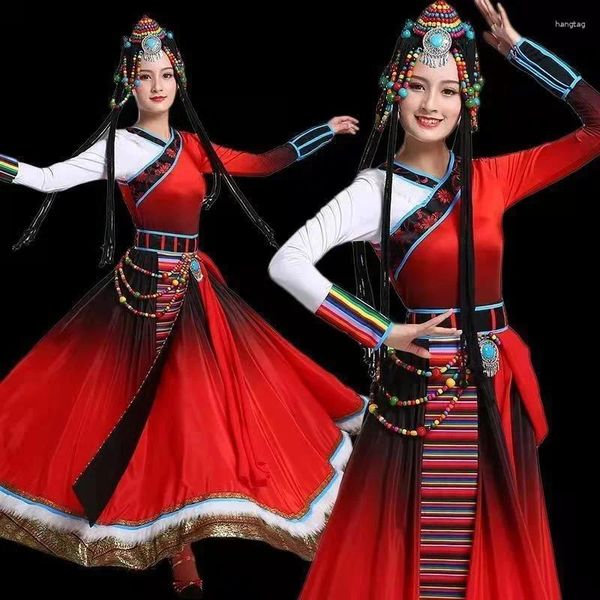 Сценическая одежда, китайские тибетские танцевальные костюмы для женщин, национальное представление, традиционная одежда красного цвета
