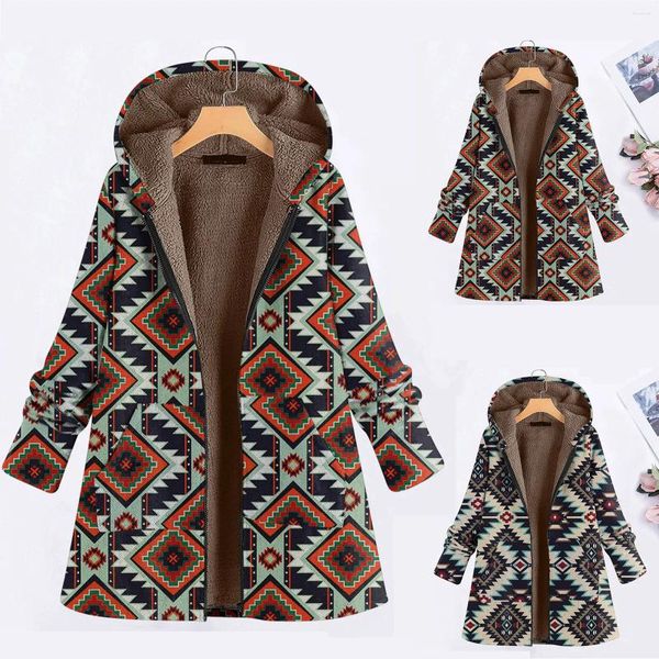 Giubbotti da donna Donna Lungo Casual Inverno Caldo foderato in pile Zip Up Lady Fashion Stampa Cappotto con cappuccio Veste Femme Casaco Cappotto