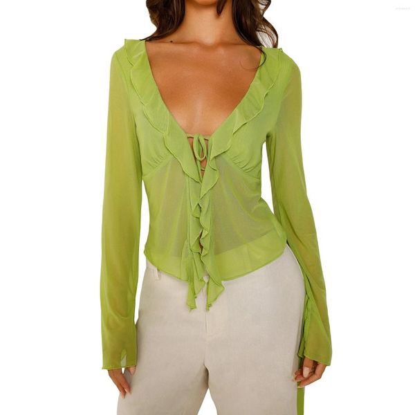 Camicette da donna Top verde a maniche lunghe da donna Camicetta con volant scollo aperto divisa all'apertura con cravatta Camicie trasparenti da donna