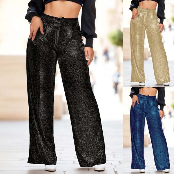 Calças femininas mulheres glitter lantejoulas perna larga cintura alta calças retas festa feminina clubwear brilhante brilhante pantalones de mujer