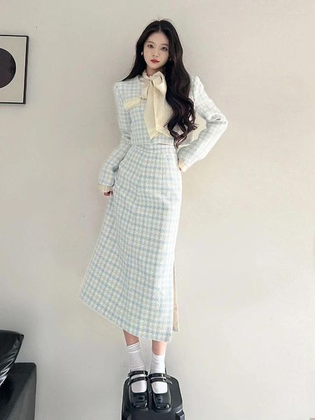 Vestido de duas peças unxx outono inverno xiaoxiangfeng define roupas femininas tweed casaco colheita superior de alta qualidade cintura cinching saia ternos