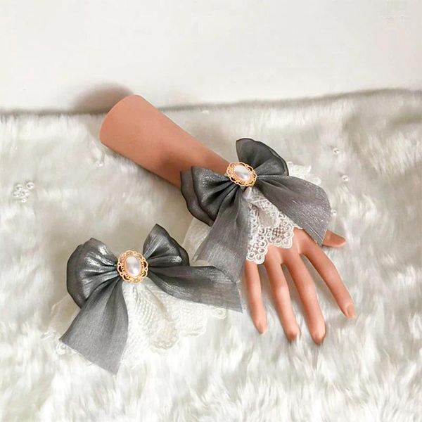 Colar brincos conjunto 1 par feminino meninas lolita pulseira cosplay bowknot renda imitação pérola braço mangas elásticas decorativas