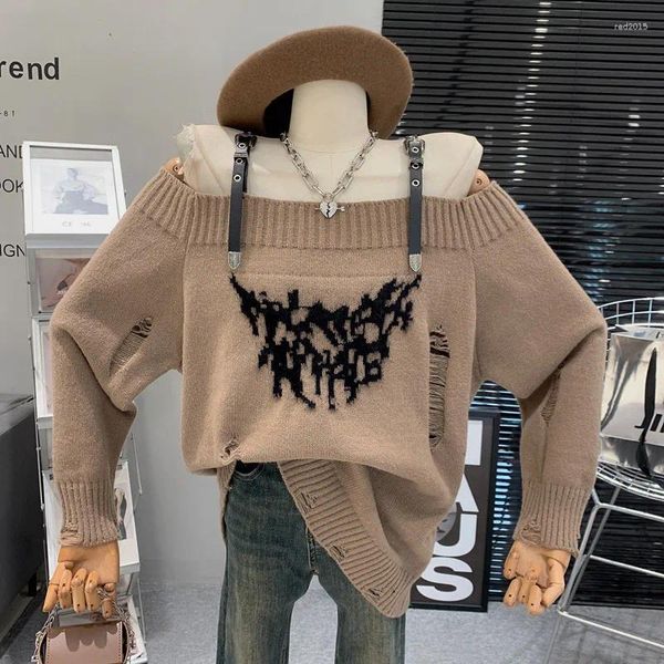 Maglioni da donna Design alla moda per ragazze Fibbia per cintura Vintage con spalle scoperte Maglione lavorato a maglia hip-hop pigro sciolto e unico