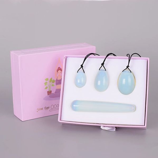 Set regalo Yoni Egg Giada Opalite naturale Uova Yoni Stick Palle da massaggio forate per le donne Esercizio Kegel Rafforzare i muscoli del pavimento pelvico