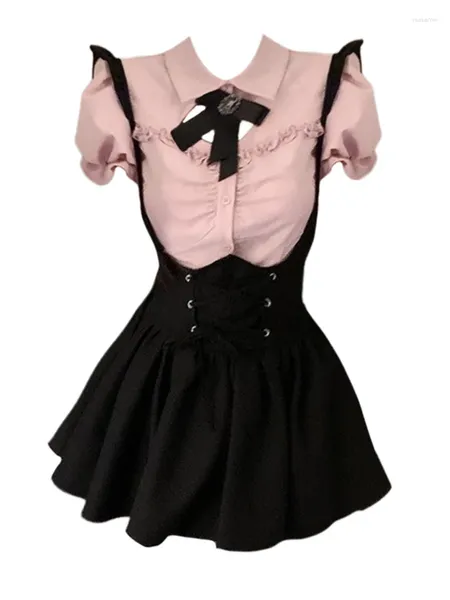 Arbeitskleider Kawaii Sommer Damen Modestil Gestreift Party Outfits 2-teiliges Set Schleife Crop Tops Hohe Taille A-Linie Miniröcke Y2K Streetwear