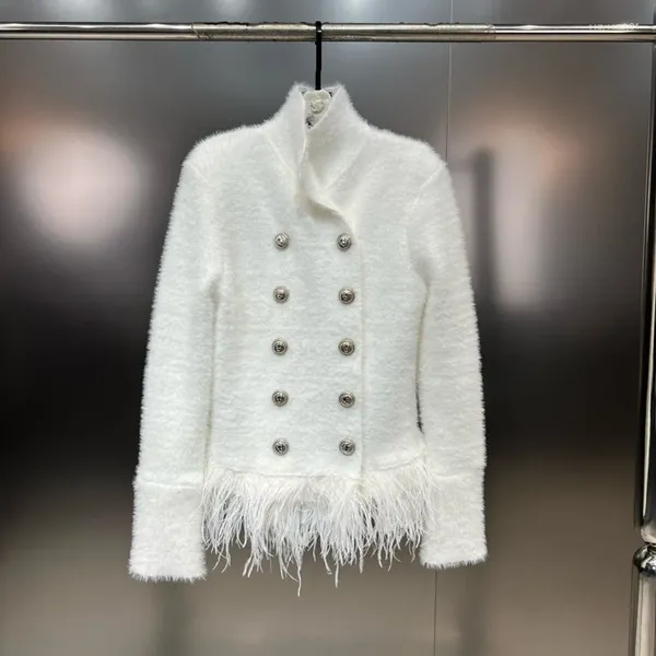 Jaquetas femininas borvemays temperamento branco elegante casaco gola dupla breasted cor sólida pena inverno espessamento jaqueta wz7399