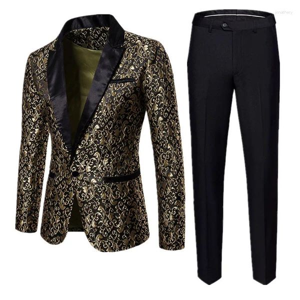 Männer Anzüge Mode Männer Business Jacquard Anzug Zwei-stück Schwarz/Gold Weinrot Hochzeit Party Kleid Homme Blazer und Hosen