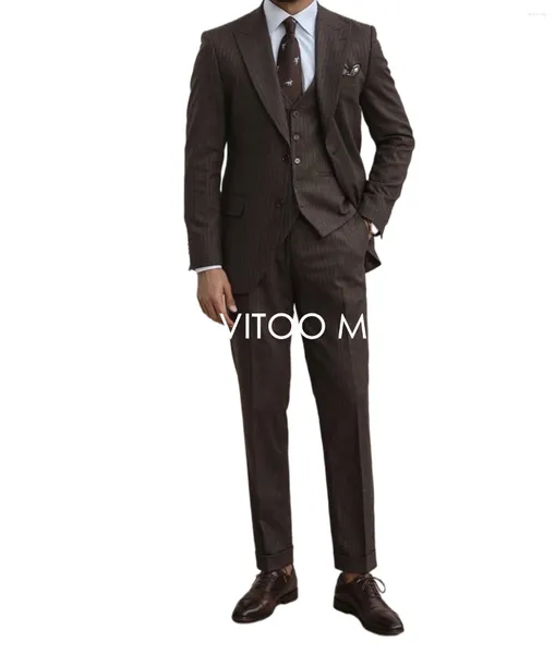 Abiti da uomo Inverno Marrone Lana a righe Uomo Formale Matrimonio Business Blazer / Smoking Slim Fit Abbigliamento maschile su misura / Giacca Pantalone