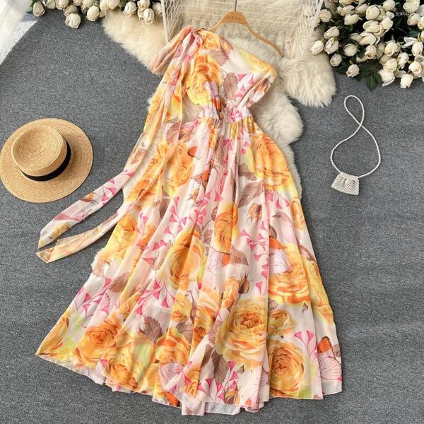 Abiti casual Estate Maxi abito bohemien in chiffon obliquo Fiocco da donna con spalle scoperte Stampa floreale Vita alta Vacanza lungo da spiaggia