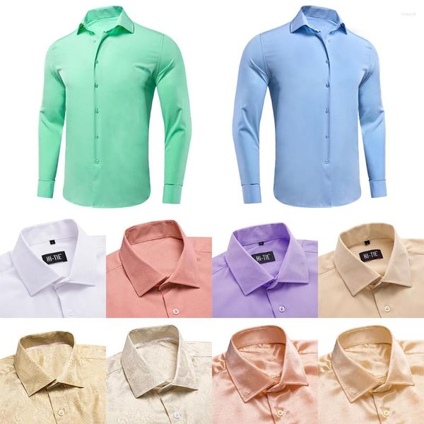 Camisas casuais masculinas Hi-Tie Menta Verde Mens Seda Manga Longa Lapela Rosa Preto Vermelho Bege Roxo Slim Fit Camisa Para Masculino Designer Presentes de Casamento