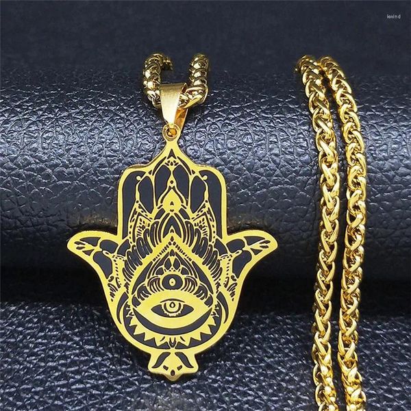 Pingente colares hamsa mão de aço inoxidável longo colar para mulheres cor ouro islam lótus olho pingentes jóias colares largos n743s06