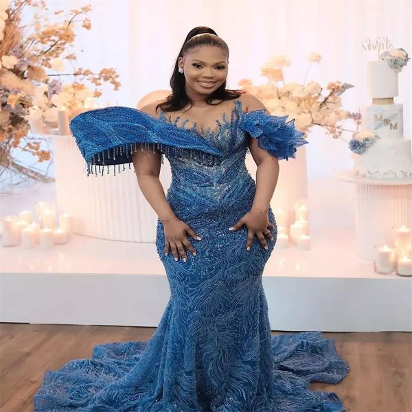 2023 Aso Ebi Azul Marinho Sereia Vestido de Baile Lantejoulas Lace Borlas Festa Formal Noite Segunda Recepção Aniversário Noivado Vestidos de Dama de Honra Vestidos ZJ017