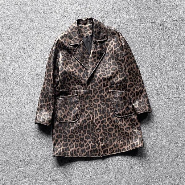 Casaco de couro genuíno feminino outono/inverno estilo commuter leopardo padrão comprimento médio pele carneiro topo para women2023