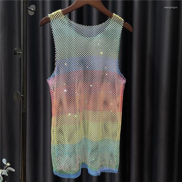 Damen Tanks Heller Diamant Regenbogen Weste Hohle Farbe Strass Durchsichtiges Mesh Shirt Damen Neon Y2K Tanktops Ropa De Mujer 55cm lang