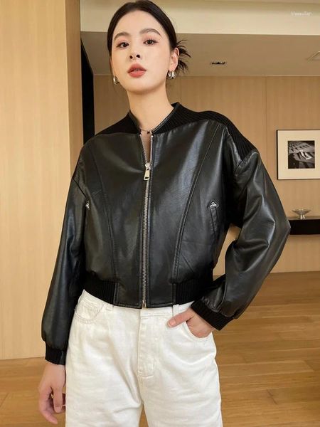 Jaqueta de couro feminino retalhos genuíno para mulher 2023 tendência high-end couro real cortado motocicleta zíper bombardeiro casaco