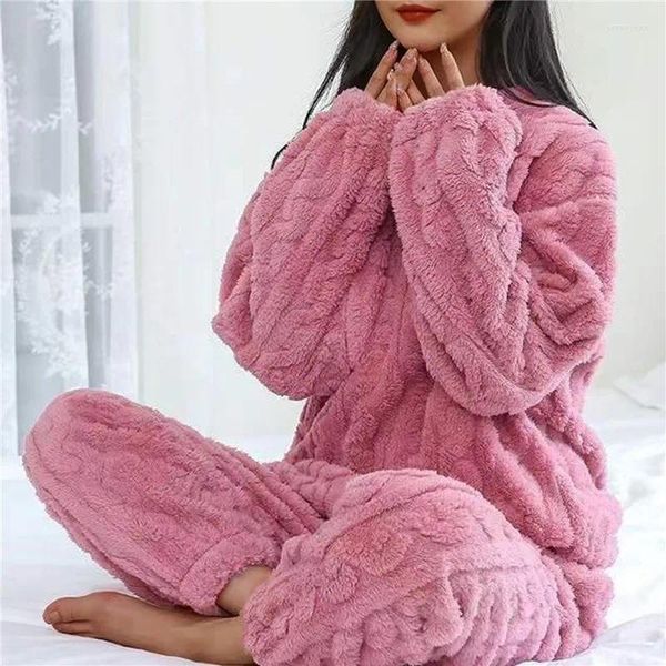 Pijamas femininos inverno velo pijama conjunto o-pescoço manga longa moda quente pijamas casual flanela loung casa usar roupas