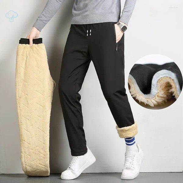 Calça masculina de inverno externo algodão quente acolchoado espessado traço de cordão casual calça de moletom reto de perna ao ar livre