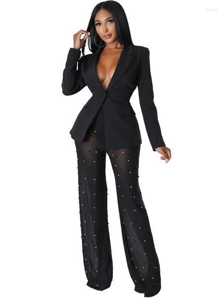 Zweiteilige Damen-Hosen Szkzk Schwarzes Mesh-Perlen-Blazer-Set für Party Sexy Anzugmäntel und durchsichtige Nachtclub-Outfits Passende Sets