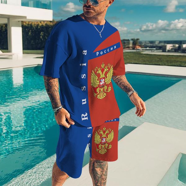 Traccetti da uomo Stampa estiva Flag Russia Tshirt Maglietta maschile Fashion Oversize Beach T-shirt Pants Set a 2 pezzi Hip Hop Man Sportswear Tracksuit 230421