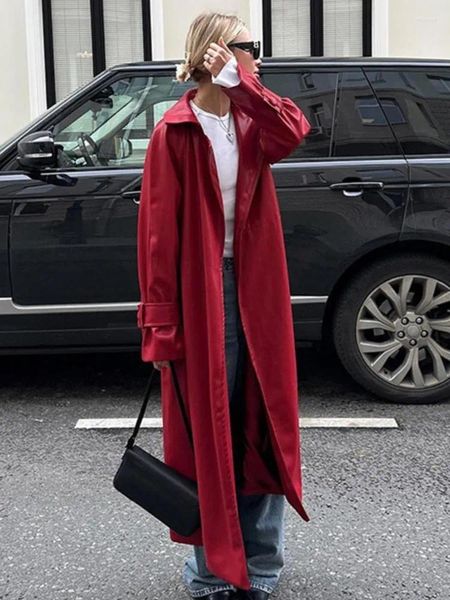 Trench lungo da donna in pelle rosso vino per donna Cappotto casual largo con risvolto Cappotto da strada Autunno femminile Chic Capispalla da ufficio