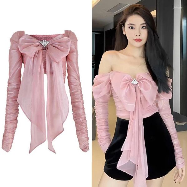 Mulheres camisetas Moda Mulheres T-shirt Blusas Slim Rosa Bow Puff Manga Off-the-Ombro Longo Plissado Curto Top Verão 2023