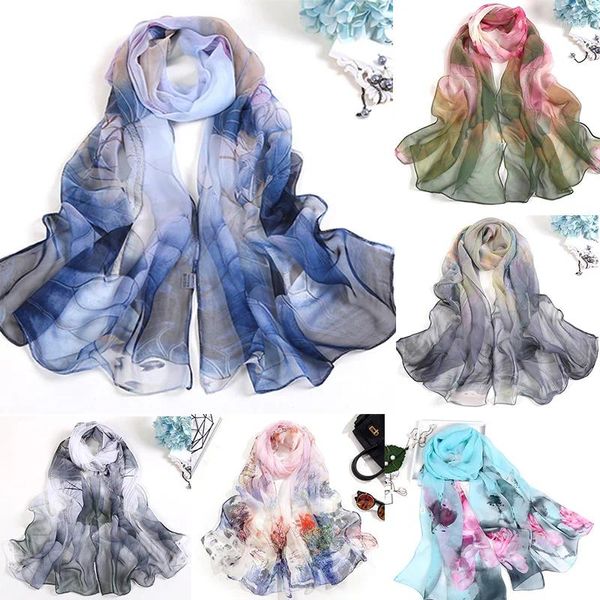 Sciarpe Estate Moda Donna Foulard Chiffon Georgette Stampa floreale Sciarpa di seta Scialli Donna Lungo Avvolge Spiaggia Protezione solare Hijab musulmano