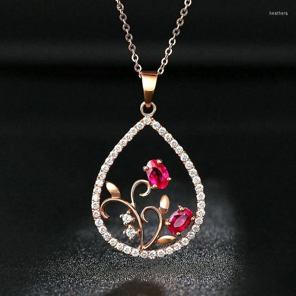 Choker Temperament Blumenform Wassertropfen Simulation Roter Turmalin überzogen mit Roségold Farbe Schatz Anhänger weiblich