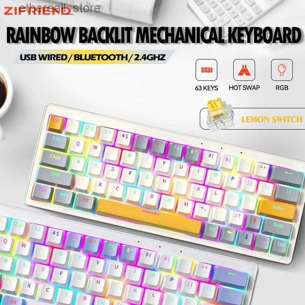 Teclados Zifriend Mini Ke teclado mecânico Hot Swap RGB 63 teclas personalizadas para gamer com fio 2.4G sem fio Bluetooth teclados iPad 60% 65% Q231121