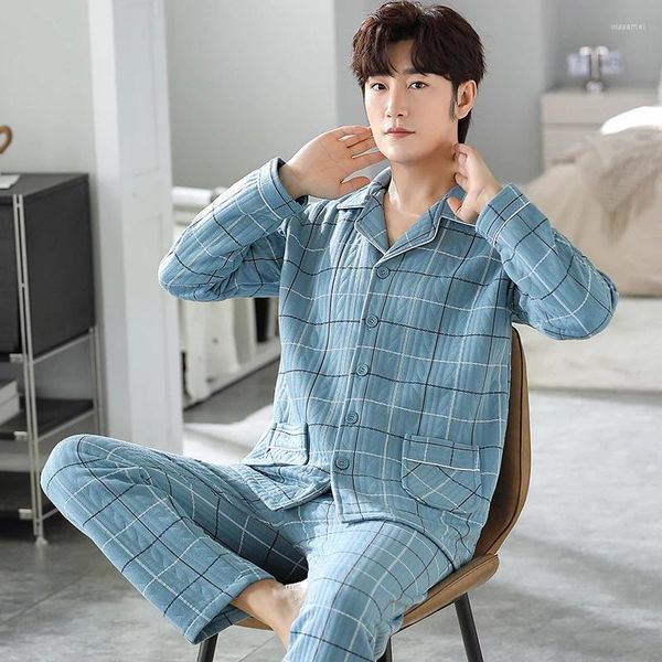 Pijamas masculinos de três camadas de algodão fino para uso doméstico cardigan xadrez casual pijama confortável