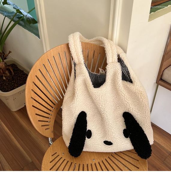 Borse da sera Inverno Caldo Peluche Borsa di grande capacità Donna Imitazione Capelli di agnello Orecchie di cane del fumetto Spalla per borsa tote