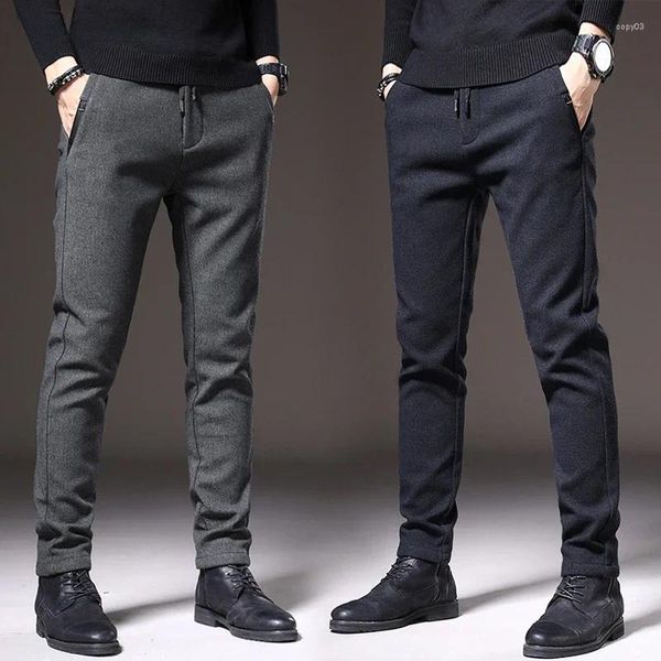 Pantaloni da uomo 2023 marca autunno inverno tessuto spazzolato pantaloni Casual da uomo spessi da lavoro pantaloni slim in cotone nero grigio uomo