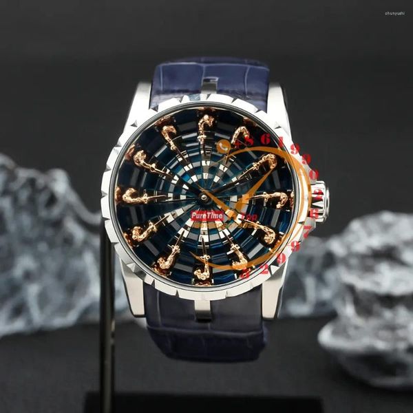 Relógios de pulso Cavaleiros da Mesa Redonda Damasco Automático Mens Relógio Caixa de Aço Azul Gem Dial Couro Puretime 2023 Luxo Top Marca