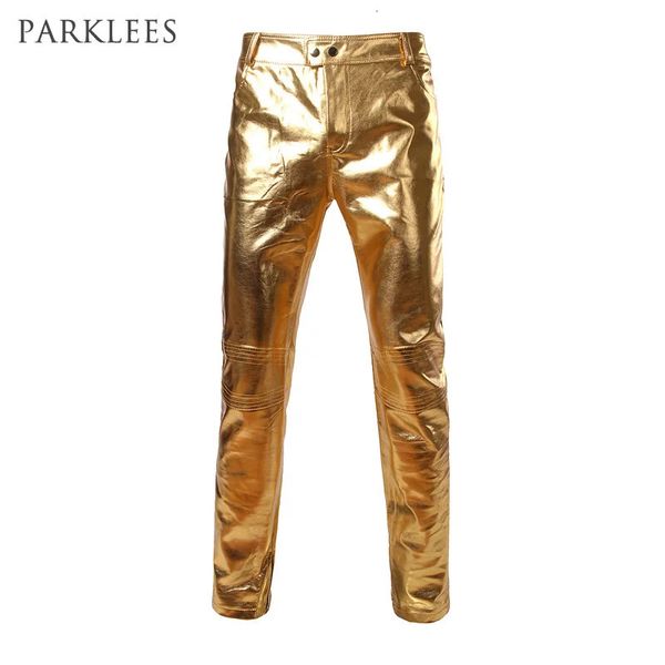 Pantaloni da uomo Pantaloni da moto in pelle PU Mens Marca Skinny Shiny Shiny Gold Silver Pantaloni neri Pantaloni Pantaloni da palcoscenico per cantanti ballerini 231121