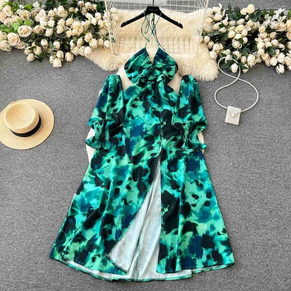 Vestidos casuais verão mulheres impressão verde maxi vestido sexy lace-up halter v pescoço oco fora do ombro manga longa alta divisão uma linha praia