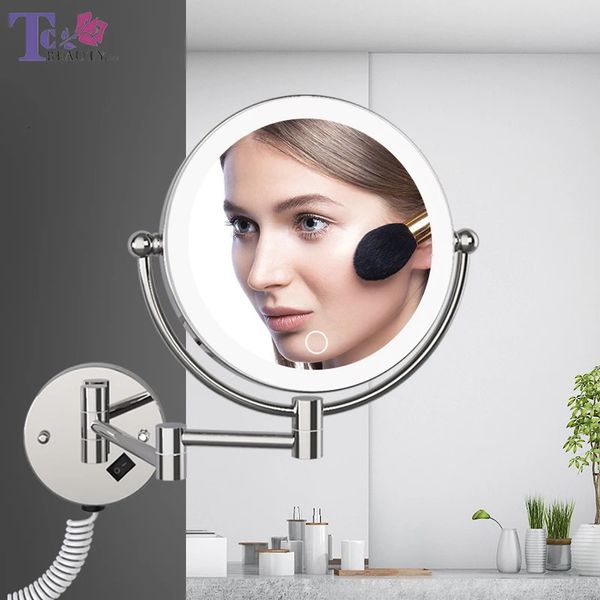 Espelhos compactos montados na parede LED espelho de maquiagem com plugue 5X ampliação espelho cosmético espelhos de parede dupla face espelhos de banheiro com escurecimento por toque 231120
