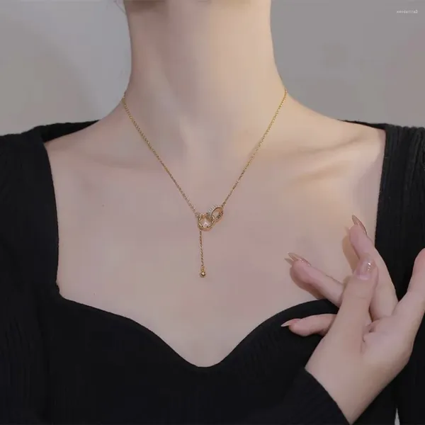 Anhänger Halsketten Wasserdicht Nicht Verblassen 24k Gold Glänzende Farbe Überzogene Edelstahl Doppel Ring Quaste Halskette Mode Schmuck Für Frauen