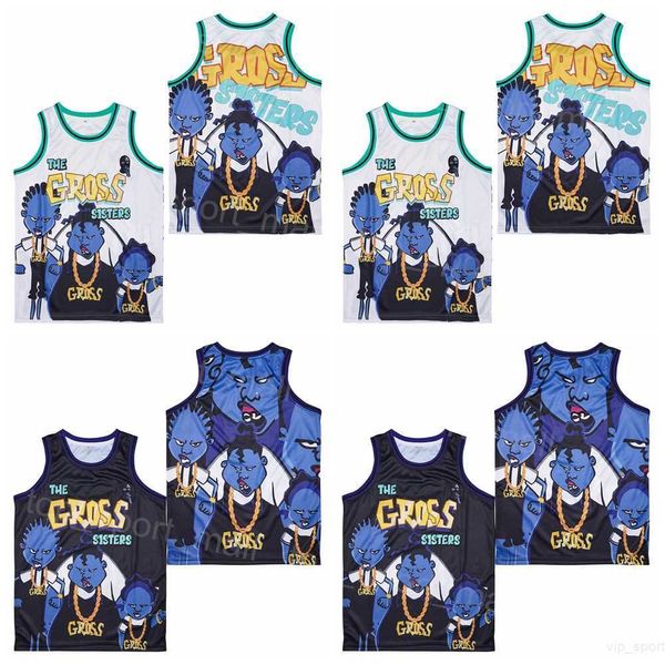 Film Basketball The Gross Sisters Trikots Männer High School Pullover Sport College Vintage Atmungsaktiv Alle genäht Schwarz Blau Schwarz WEISS Team Reine Baumwolle Retire