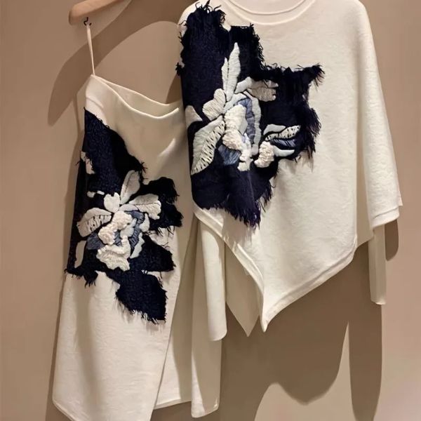 İki parçalı elbise wdmsna sonbahar beyaz işlemeli çiçek kazak bayanlar uzun kolu çizilmiş yüksek bel bir iplik yarısı seti 231120