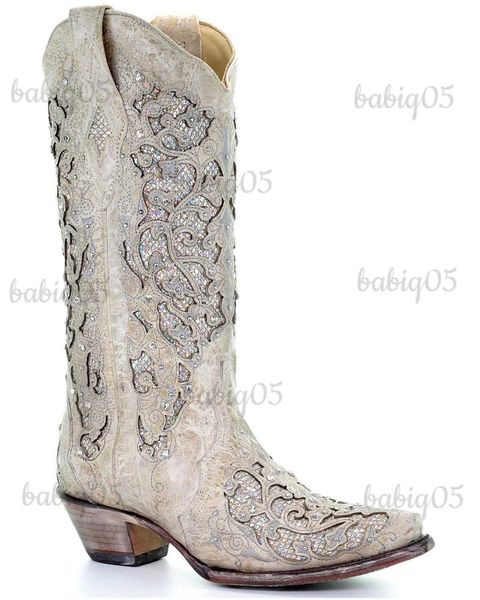 Stiefel Vintage bestickt Western Cowboy Stiefel Frauen Schuhe 2023 neue klobige Absätze Slip auf große Größe Diamant ethnische Cowgirl Stiefel T231121
