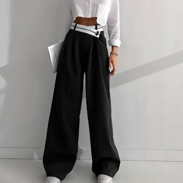 Calças femininas elegantes cintura alta preto branco contraste cor baggy calças 2023 outono senhora escritório sweatpants y2k perna larga