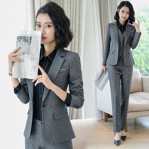 Zweiteilige Damenhose, grauer Anzug, Damen-Business-Stil, formelle Arbeitskleidung, Interview Ol, langärmlige Arbeitskleidung