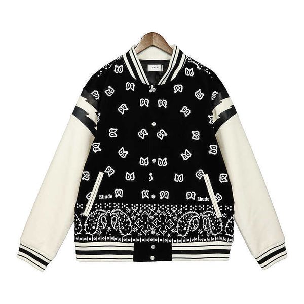 Designerkleidung Lässige Mäntel Rhude 22fw Neue Trendmarke Cashew-Blume Lightning Splice Lederärmel Paar BaseballjackeStreetwear Sport Windjacke