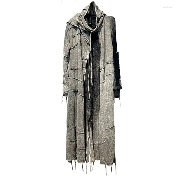 Herren-Trenchcoats, reine Baumwolle, gefärbt, Distressed-Windbreaker-Mantel, Vintage-Gothic-Stil, unten geschnitten, mit Kapuze, langes T-Shirt für Männer