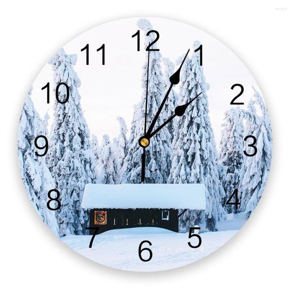 Wanduhren Winter Schneit Hütte Landschaft PVC Uhr Wohnzimmer Dekoration Modernes Design Home Decore Digital