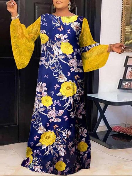 Vestidos casuais vonda boêmio vestido de festa 2023 outono mulheres manga longa renda retalhos floral impresso maxi sundress solto robe femme