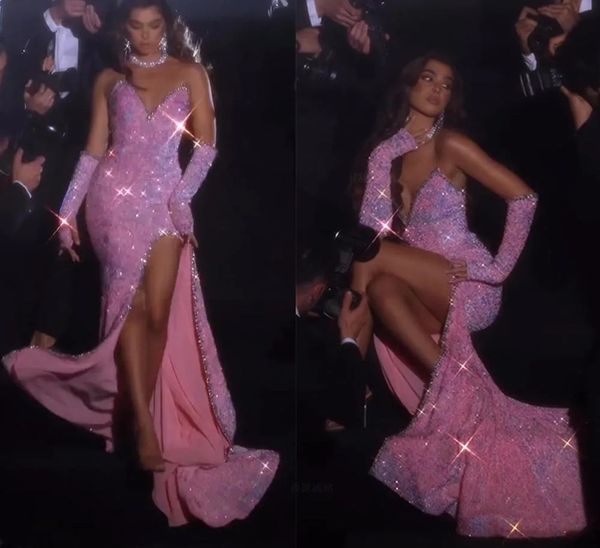 Brilho requintado rosa vestido de baile 2023 feminino com decote em v miçangas sereia divisão lantejoulas vestidos de festa de noite para aniversário robe de soriee