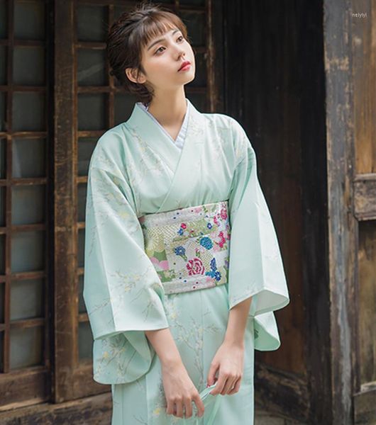 Etnik Giyim Kadın Yukata Geleneksel Japonya Kimono Robe Pogerya Elbisesi Cosplay Kostüm Açık Yeşil Renk Ağaçları Yazdırıyor Vintage