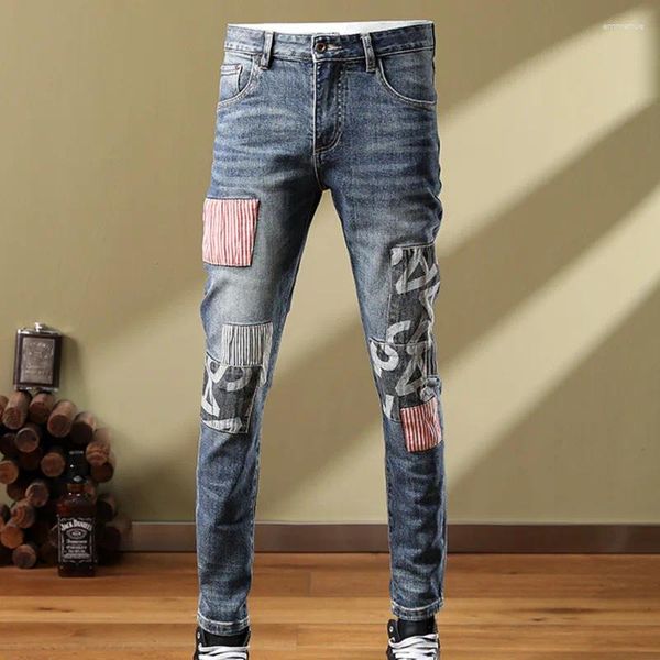 Jeans masculinos de alta qualidade marca buraco remendo magro jean homens streetwear azul lavado elástico hip hop pant vaqueros hombre